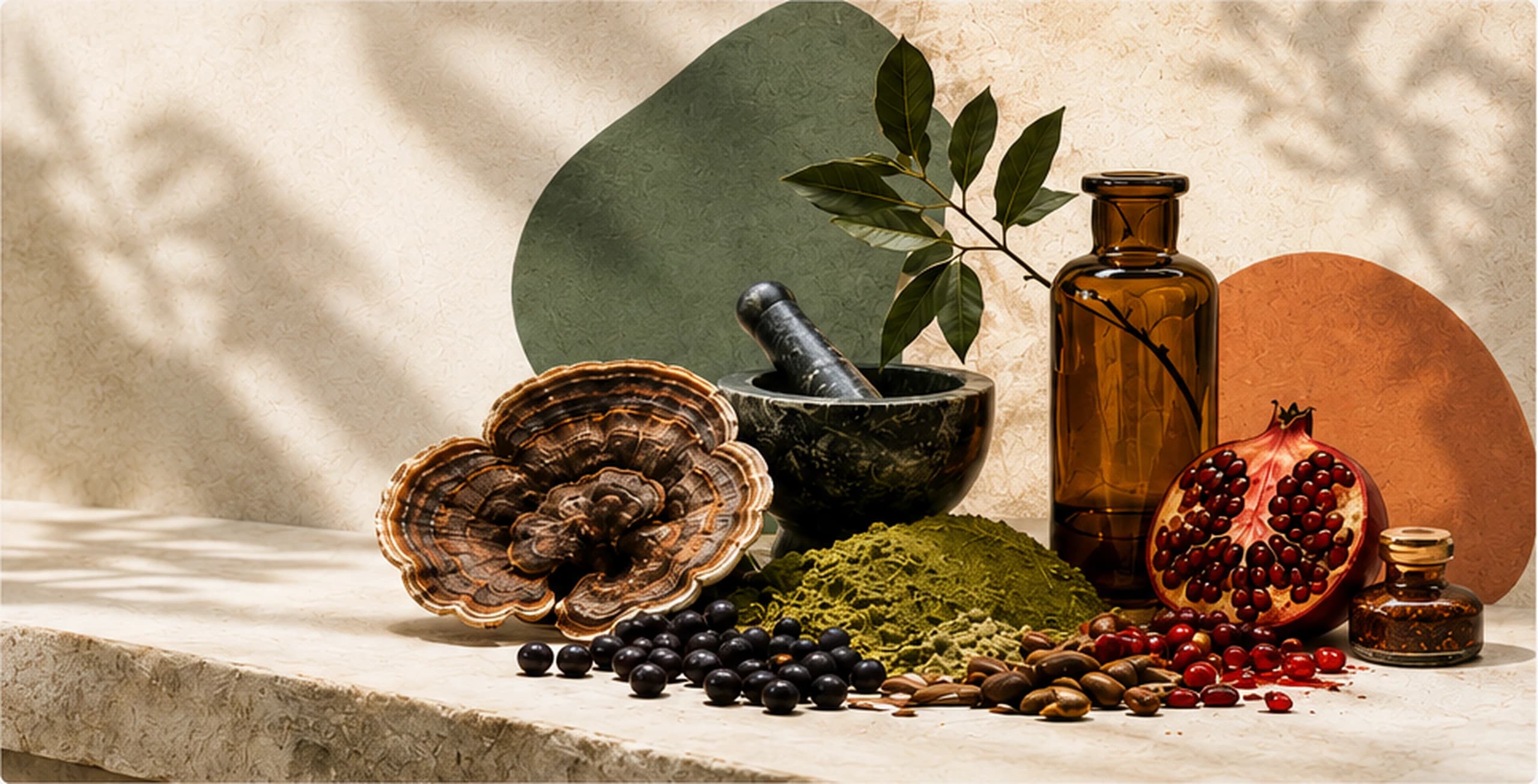 Medicinal mushrooms, green botanicals, a mortar and pestle, amber bottles, pomegranate, herbs, and seeds